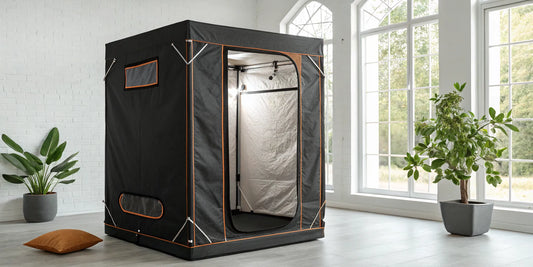 The complete Spider Farmer 4x4 grow tent kit with the SF4000 LED light on.
