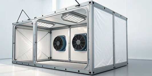 An exhaust fan and carbon filter setup installed inside a grow tent with ducting.