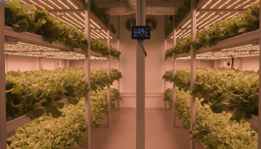 Indoor grow room with leafy plants under LED panels and climate control equipment