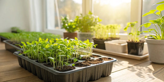 A seed starting kit with young seedlings sprouting on a sunny windowsill.