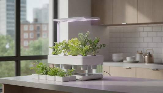 Compact countertop hydroponic system with leafy greens growing under an LED light in a bright apartment kitchen