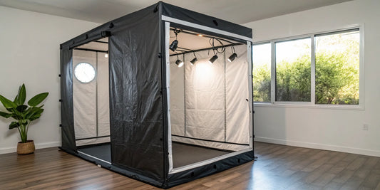 A complete 4x4 grow tent setup with LED grow lights and ventilation system.