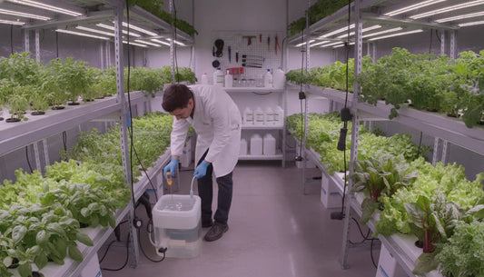 Indoor hydroponic grow room with leafy greens growing under LED panels and a grower checking nutrient solution with a handheld meter