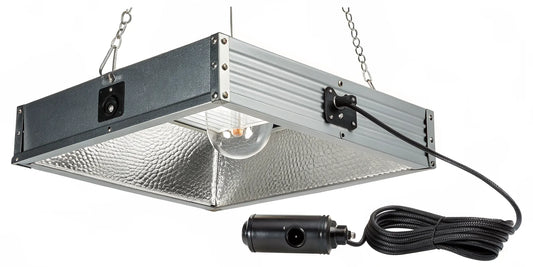 A 1000 watt grow light system with its ballast and reflector hood.