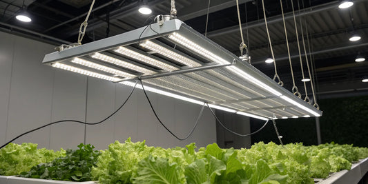 1000w LED grow light suspended over lush plants in an indoor garden.