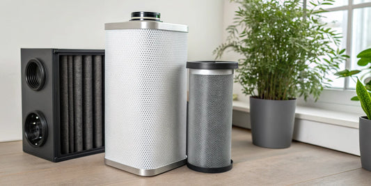 Carbon filter kit for grow room odor control near plants.