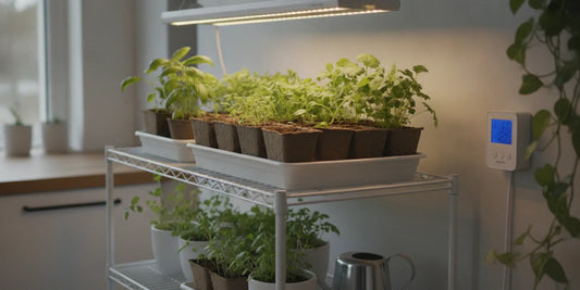 Indoor seedlings growing beneath an adjustable LED grow light on a timer