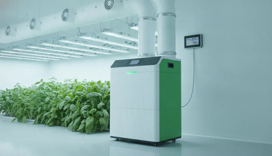 Dehumidifier controlling humidity in an indoor grow room