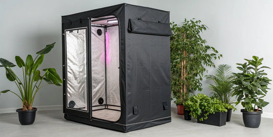 A complete LED grow tent kit with plants growing inside under the powerful LED light.