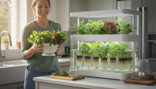 Home gardener harvesting fresh lettuce from a clean indoor hydroponic system on a kitchen counter